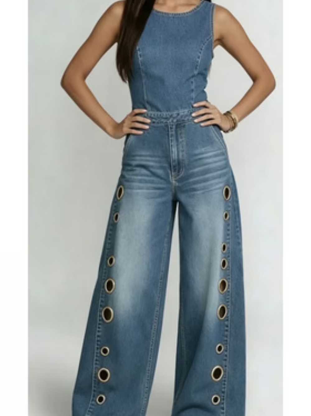 Wide-Leg Denim Jumpsuit in Medium Blue
